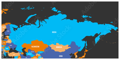 Political map of Russia and surrounding European and Asian countries. Four color map with white labels on dark grey background. Vector illustration