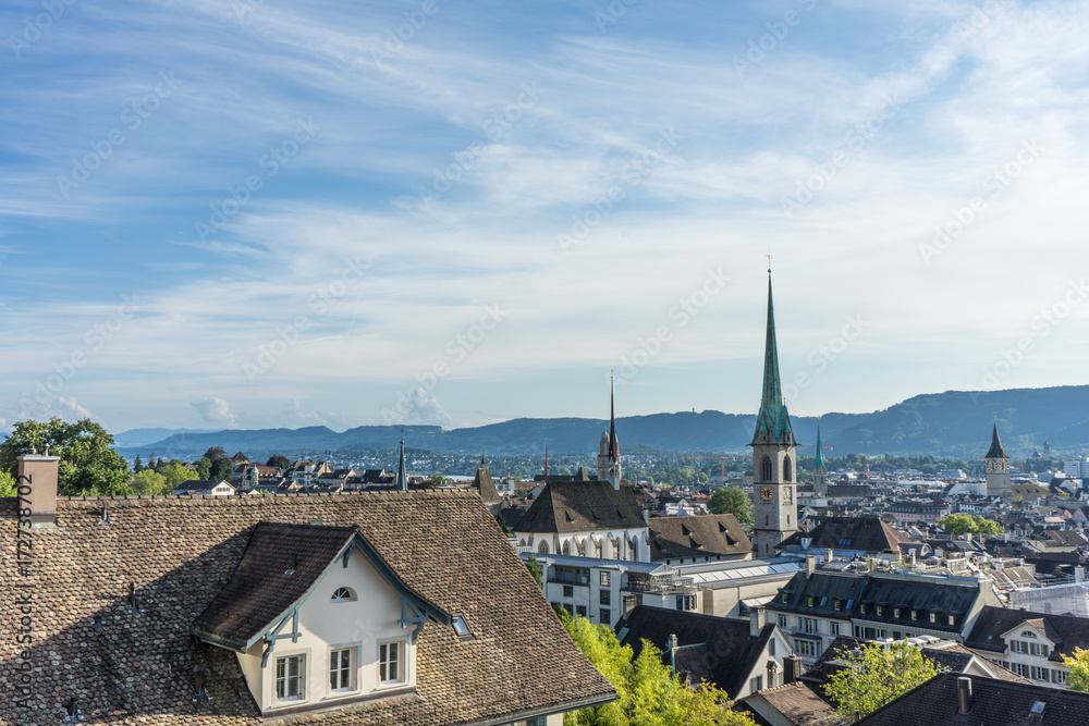 Scenery of old town of Zurich, Switzerland from University hill in summer