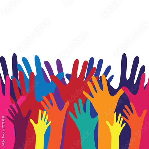 Colorful spectrum background, rainbow colors. Raised hands abstract, vector poster.