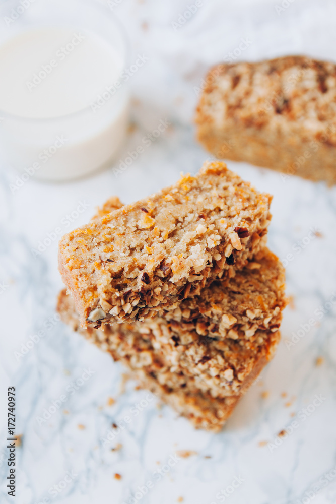 Carrot cake topped with hazelnuts Carrot cake topped with hazelnuts