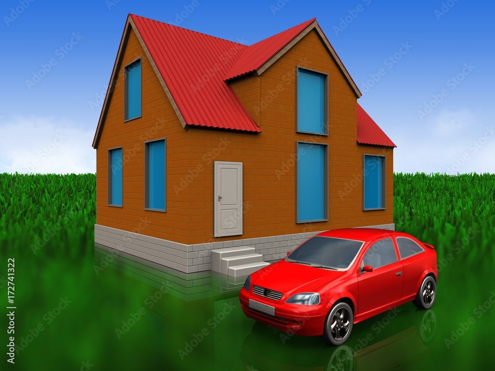 3d car over meadow 3d car over meadow
