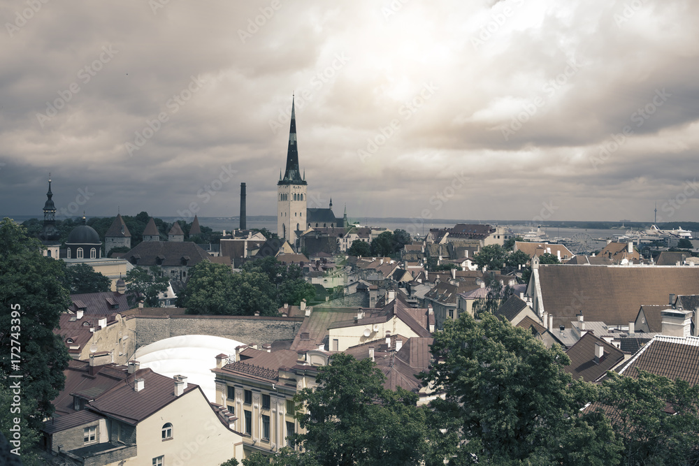 Aerial View of Tallinn Old Town. toning