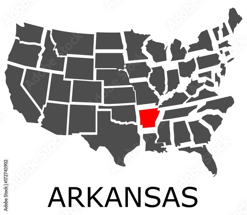 Bordering map of USA with State of Arkansas marked with red color.