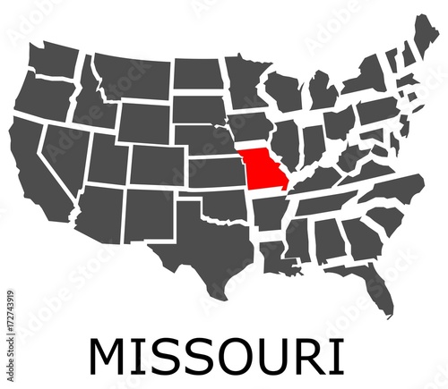 Bordering map of USA with State of Missouri marked with red color.
