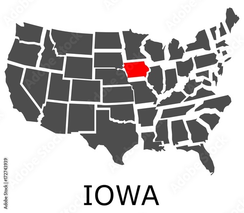 Bordering map of USA with State of Iowa marked with red color.