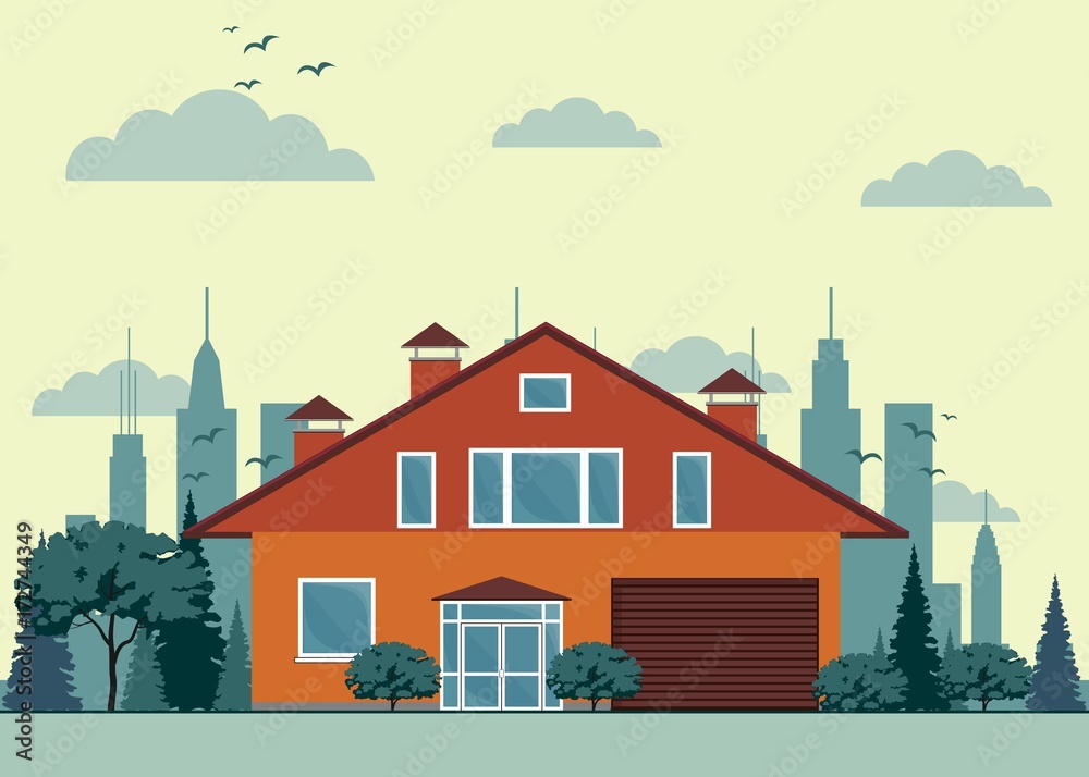Suburban house, cottage with garden on background. Real estate, property concept. Family home, cabin. Residential building. Exterior front view. Vector illustration. Flat style design