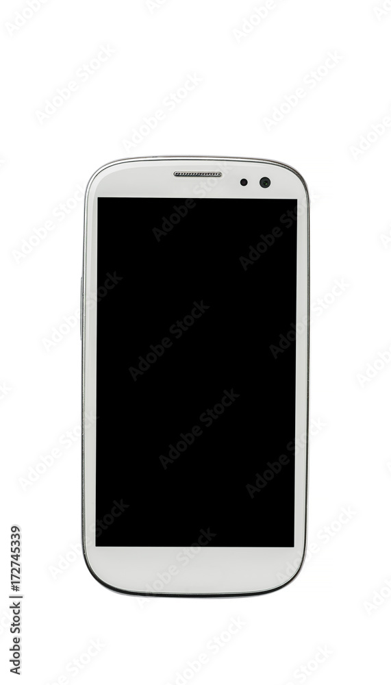 Modern white smartphone with black screen isolated on white Modern white smartphone with black screen isolated on white
