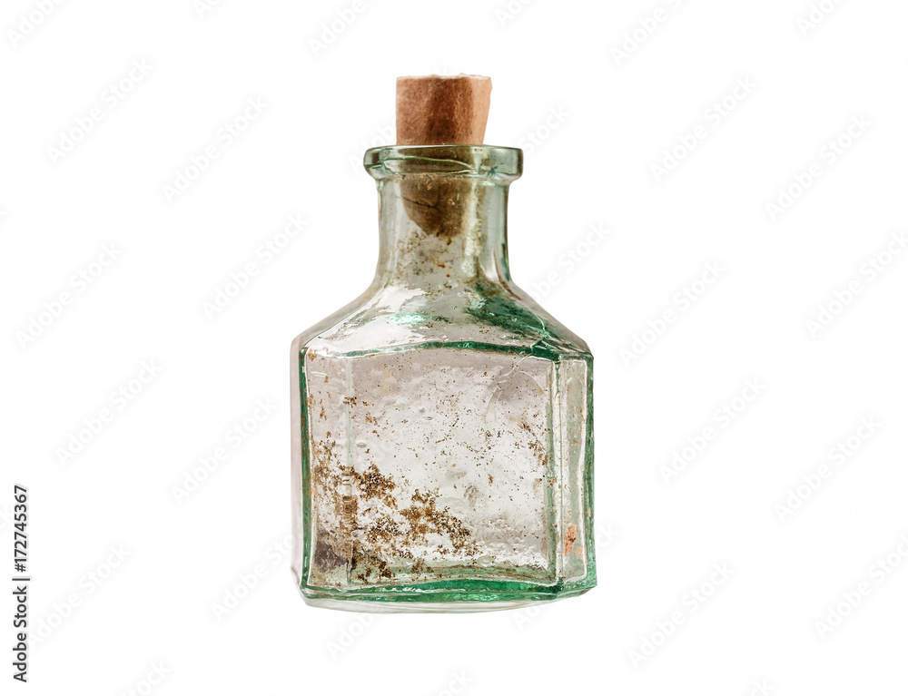 Vintage small glass bottle with paper cork isolated on white