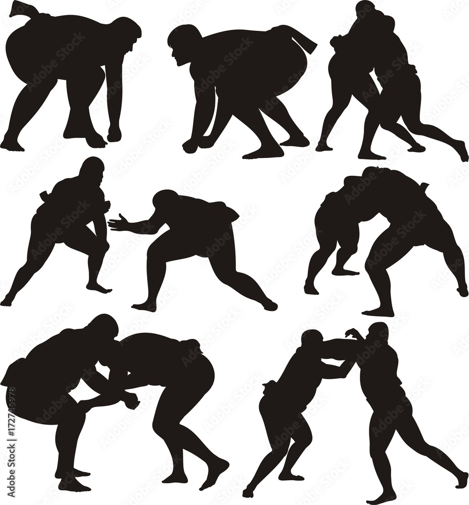 sumo wrestlers silhouettes and icon - obrazy, fototapety, plakaty 