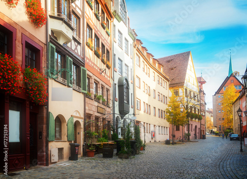 Fototapeta Naklejka Na Ścianę i Meble -  Historic street in old town of Nuremberg, Germany, retro toned