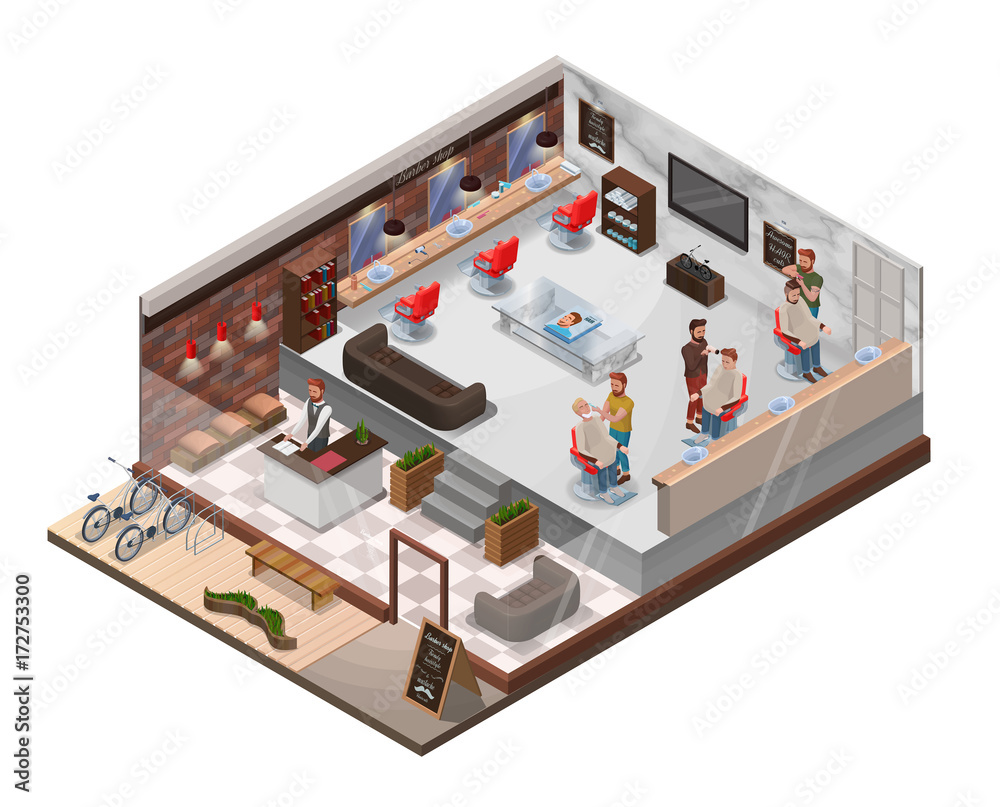 Isometric 3d barber shop interior with hairdresser figures, hipster cartoon characters at hair salon, modern wooden furniture, barbershop chair, bicycle, hairdresser accessories, beauty studio layout