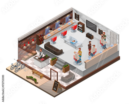 Isometric 3d barber shop interior with hairdresser figures, hipster cartoon characters at hair salon, modern wooden furniture, barbershop chair, bicycle, hairdresser accessories, beauty studio layout
