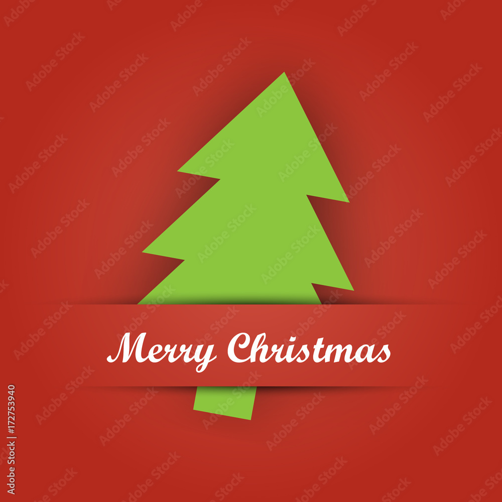 Christmas card paper pocket with green tree papercut and Merry Christmas label on red background. Christmas card paper pocket with green tree papercut and Merry Christmas label on red background.