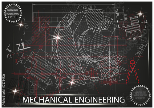 Machine-building drawings on a black background