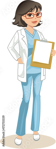 Young female medical technician holding clipboard with copy space