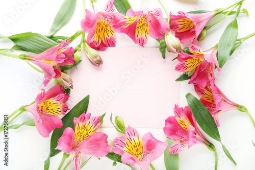 Pink alstroemeria flowers with sheet of paper on white background