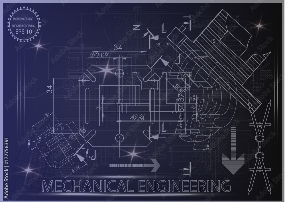 Machine-building drawings on a blue background Machine-building drawings on a blue background