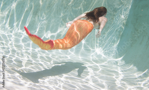 A mermaid with and orange tail underwater.
