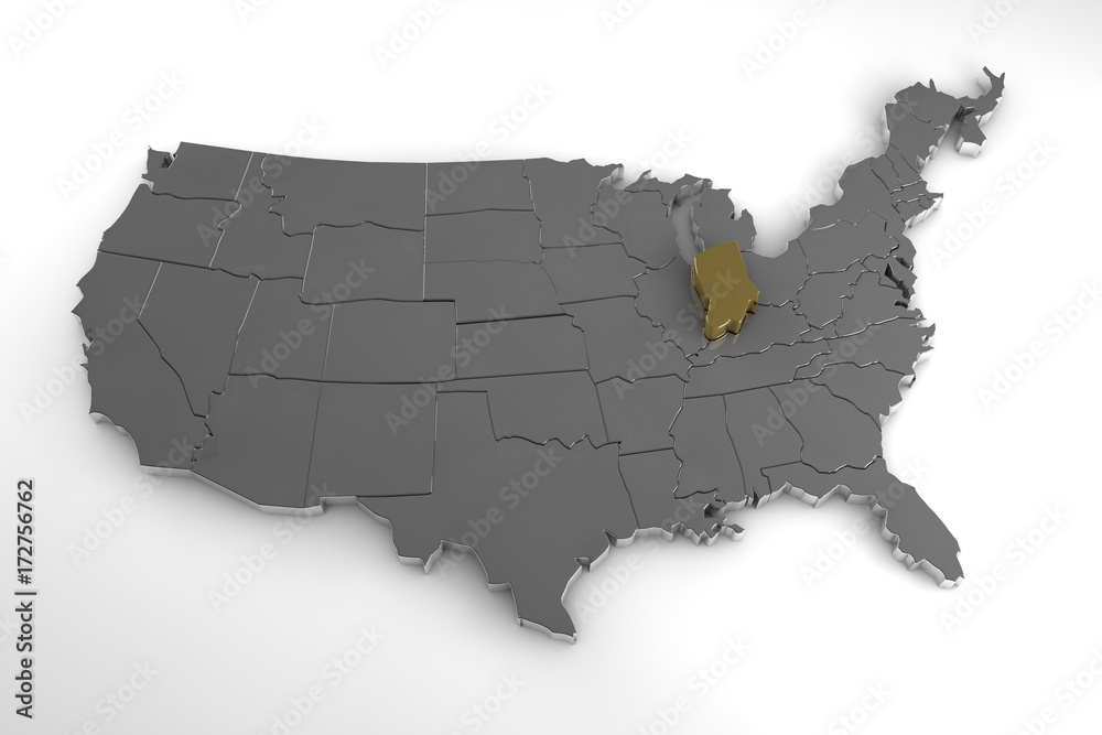 United States of America, 3d metallic map, with Indiana state highlighted. 3d render