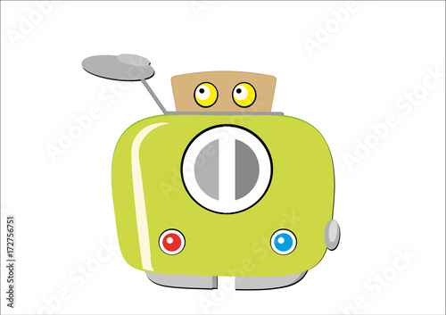 Illustrated green toaster, with slice of bread looking fearful