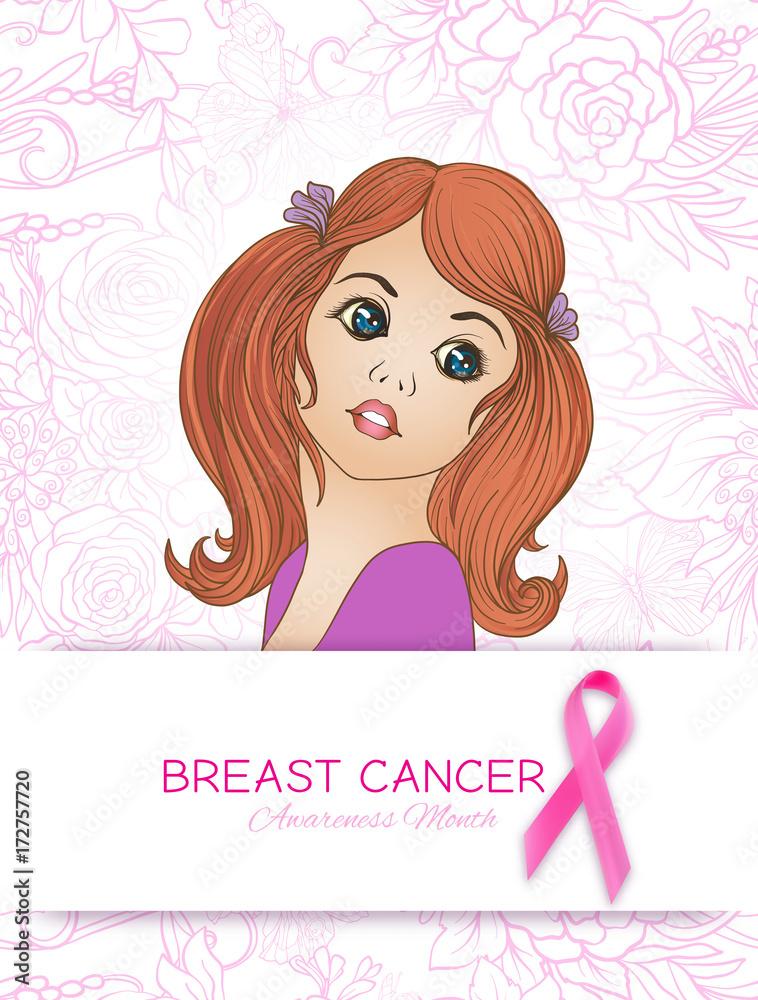 Breast cancer awareness month poster with pink ribbon and women portrait. Breast cancer awareness month poster with pink ribbon and women portrait.