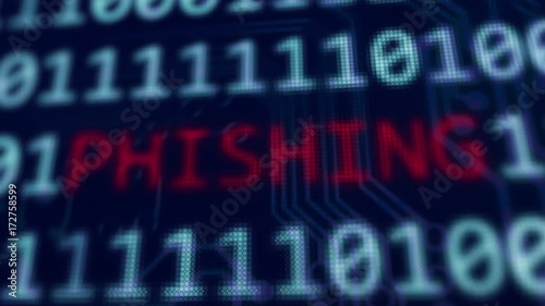 Phishing red text between blue binary data background blue screen with depth of field in 4k
