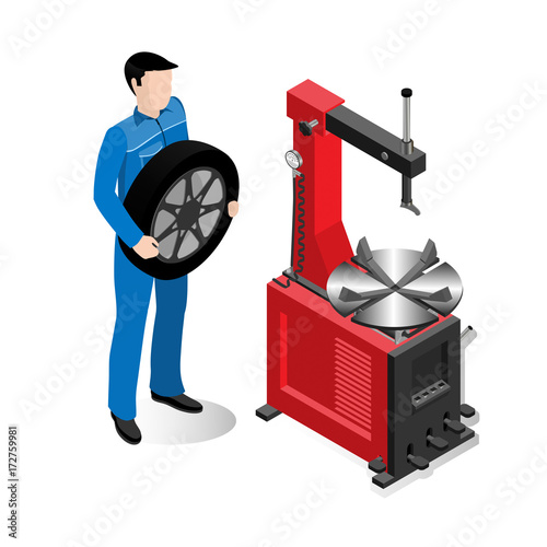 Machine for restoration of automobile tires on a white background, car service worker with wheel