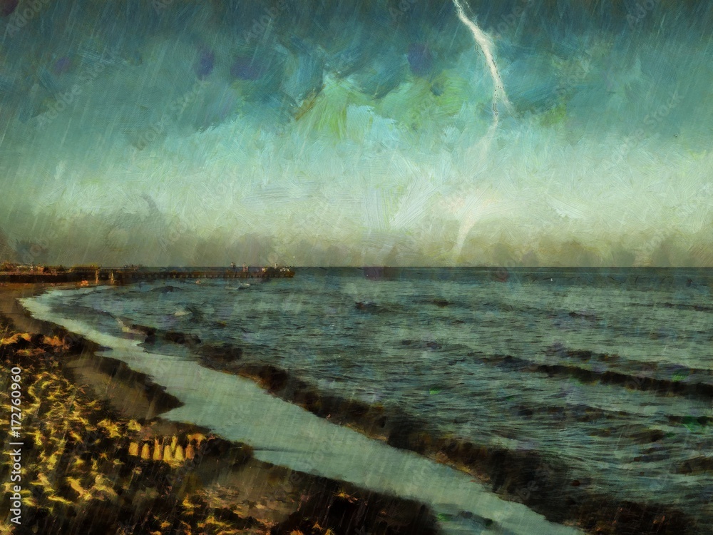 Fototapeta View of storm seascape with lightning and thunder. Storm clouds. Stormy weather. Thunderstorm coming over painting, storm over the sea impressionism, oil and watercolor mixed painted landscape view.