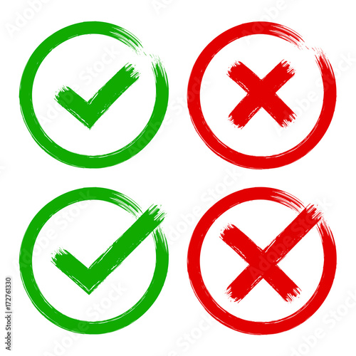 tick and cross brush stroke red green sign set