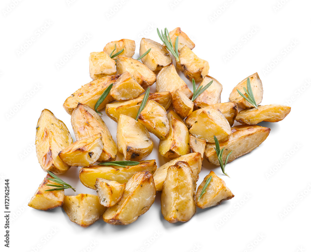 Delicious baked potatoes with rosemary, isolated on white