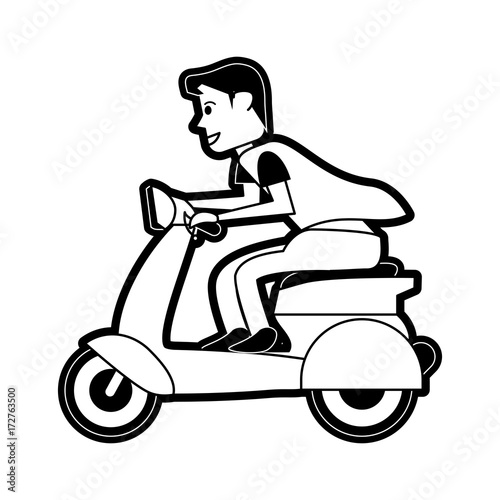 man riding scooter motorbike icon image vector illustration design black and white