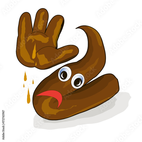 Cartoon brown excrement dung, shit, unhappy emotional with hand stock vector illustration on white