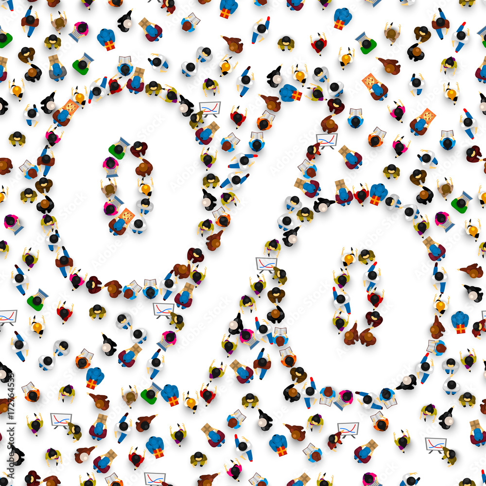 A crowd of people in the form of a percent sign symbol on a white background. Vector illustration