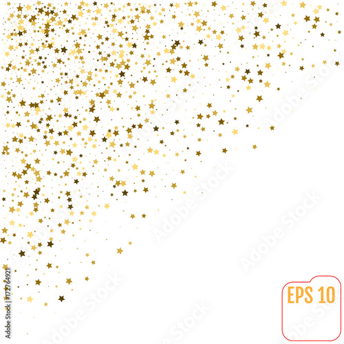 Abstract white modern pattern with gold stars. Vector illustration. Shiny background. Texture of gold foil.