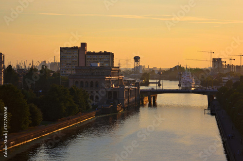 Evening Kaliningrad. View to Pregola river and bridge photo