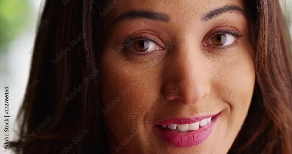 Close up of beautiful Latina female with bright smile looking at camera. Close up of attractive Mexican woman smiling at camera outdoors. 4k Close up of beautiful Latina female with bright smile looking at camera. Close up of attractive Mexican woman smiling at camera outdoors. 4k
