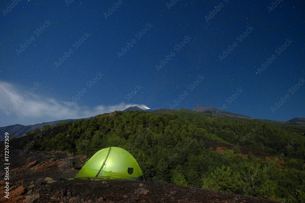Stars Scape And Tent On Volcano Etna, Sicily