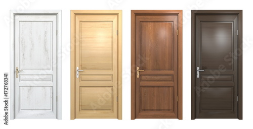 Collection of different wooden doors isolated on white photo