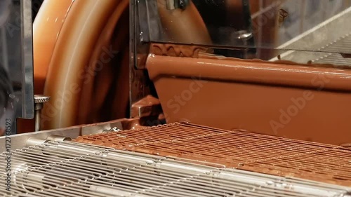 Conveyor line on a confectionery factory plant. Robotics automated chocolate food production. Automatic lines are used instead of human labor on factories and plants.