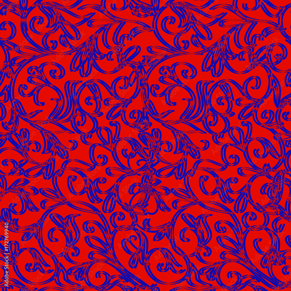 Red background with blue floral ornament. Illustration.