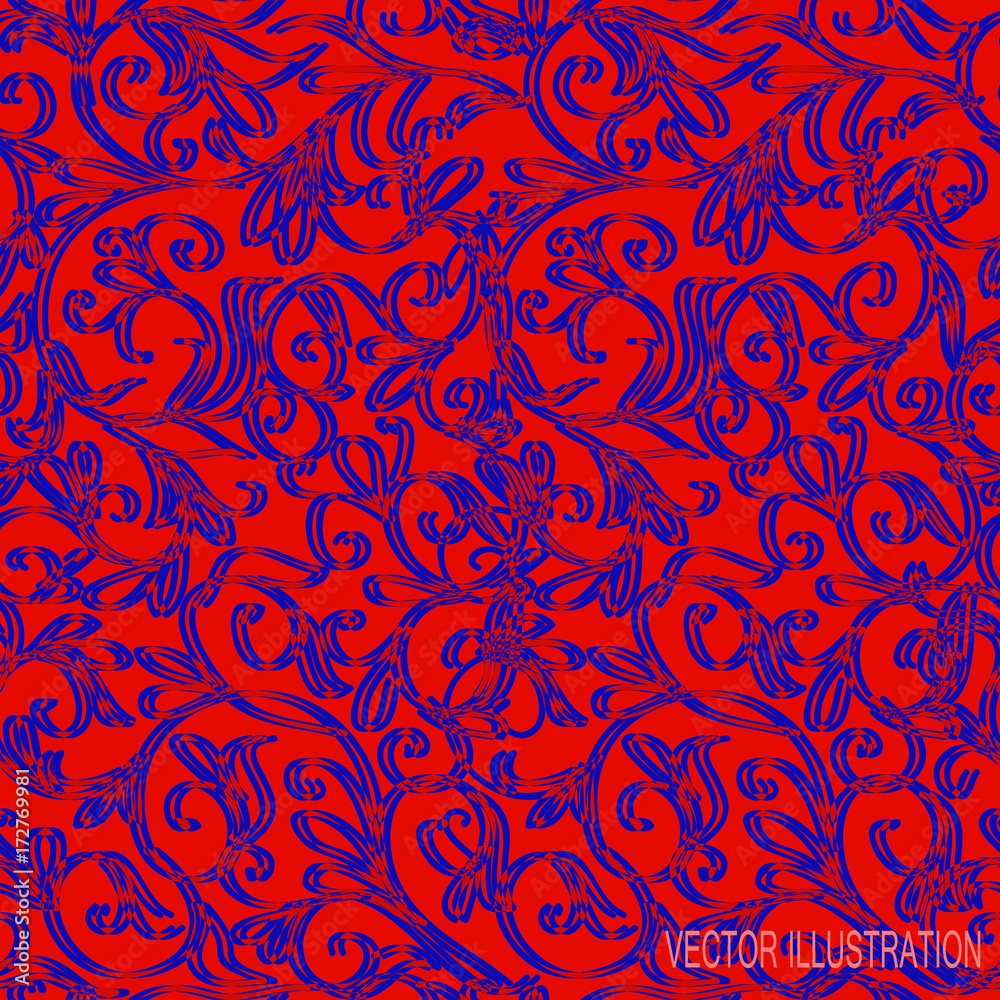 Red background with blue floral ornament. Vector illustration.