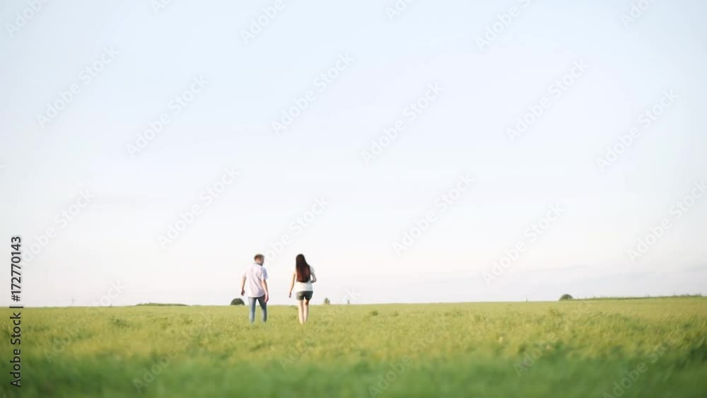 A loving couple walks the field along the green grass. A loving couple walks the field along the green grass.