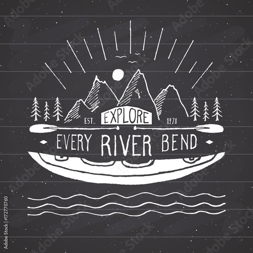 Kayak and canoe vintage label, Hand drawn sketch, grunge textured retro badge, typography design t-shirt print, vector illustration on chalkboard background