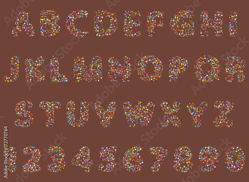 vector illustration of rounded font alphabet with bakery cookie and sprinkles topping stars, dots and lines