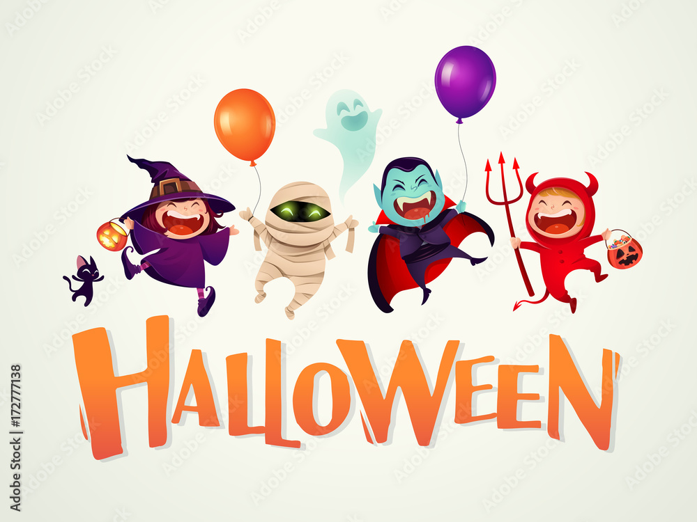 Naklejka premium Happy Halloween! Halloween Kids Costume Party. Group of kids in Halloween costume.