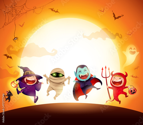 Halloween Kids Costume Party. Group of kids in Halloween costume jumping in the moonlight.
