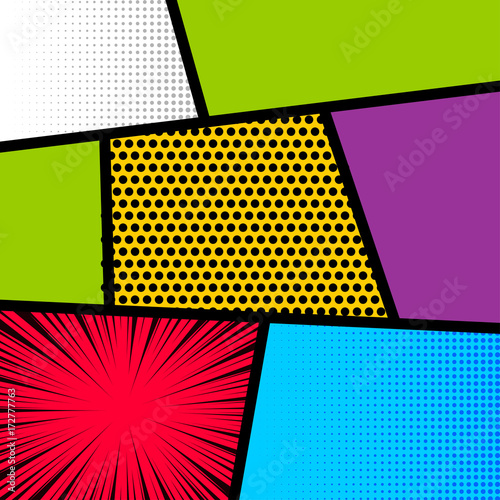 Pop art comics book magazine cover template. Cartoon funny vintage strip mock up. Vector halftone illustration. Blank rectangle for comic superhero text, speech bubble, message. Humor graphic.