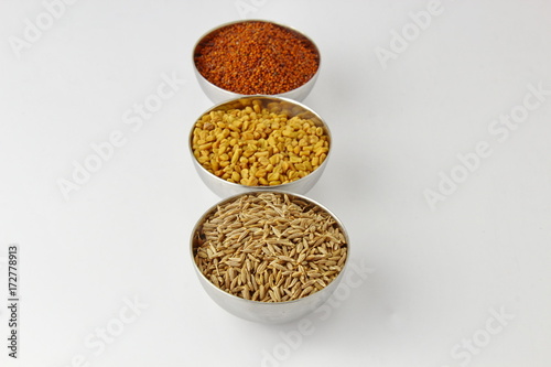 Cumin fenugreek seeds, cumin seeds and mustard seeds