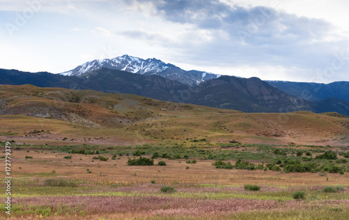 Electric Peak with snow patches in the background and a foothills and a grassy valley in the foreground. A cloudy sky is above.