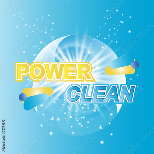 Advertising banner of detergent. Power Clean on light effect background. Flat vector illustration EPS 10